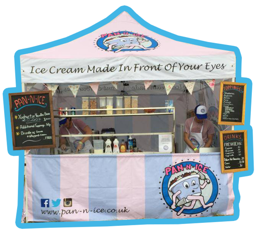 Pan-n-Ice Bubba Events stand to hire with Ice Cream Rolls Machine and Pan