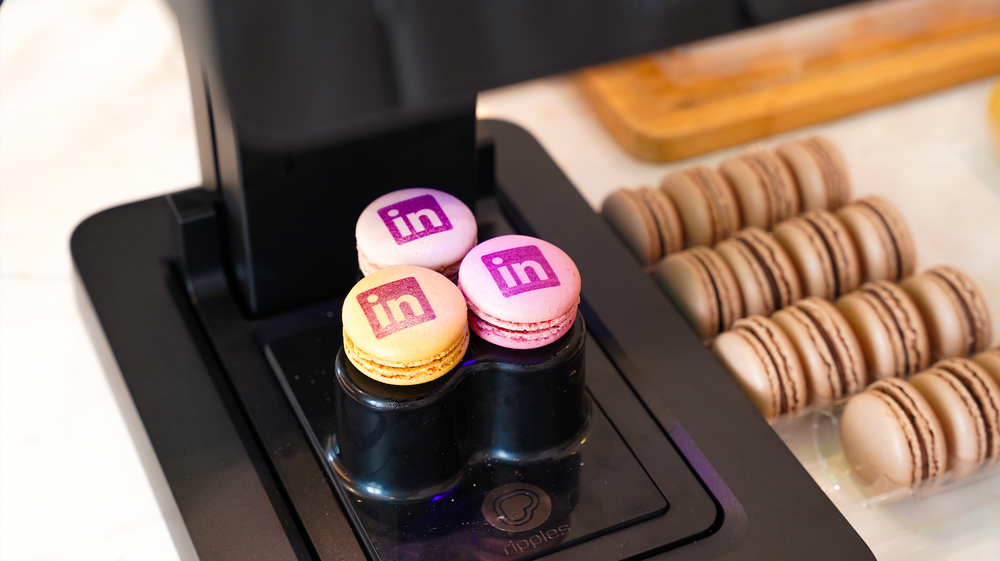 LinkedIn branded macarons being printed at Cannes