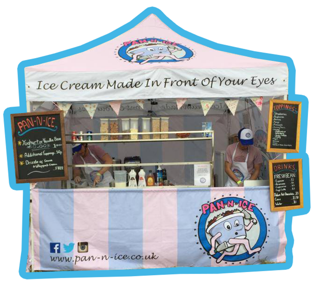 Pan-n-Ice Bubba Events stand to hire with Ice Cream Rolls Machine and Pan 